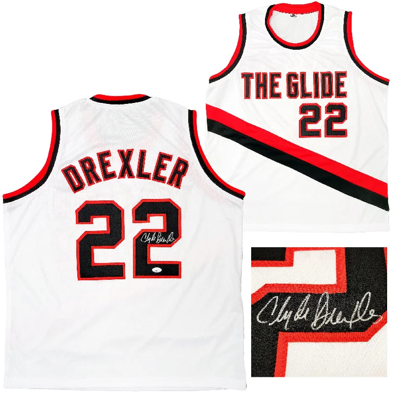 Basketball Jersey for Women-Portland Trailblazers Clyde Drexler Autographed White Jersey The Glide JSA Stock #202349