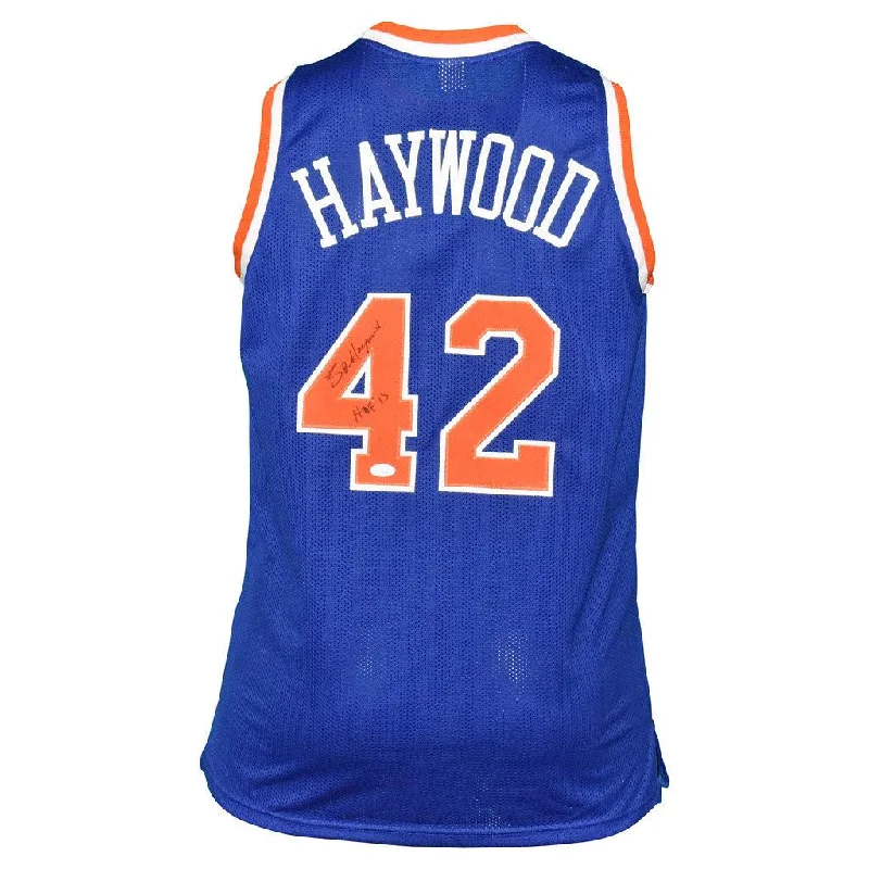 Basketball Jersey for Basketball Enthusiasts-Spencer Haywood Signed HOF 15 Inscription New York Blue Basketball Jersey (JSA)