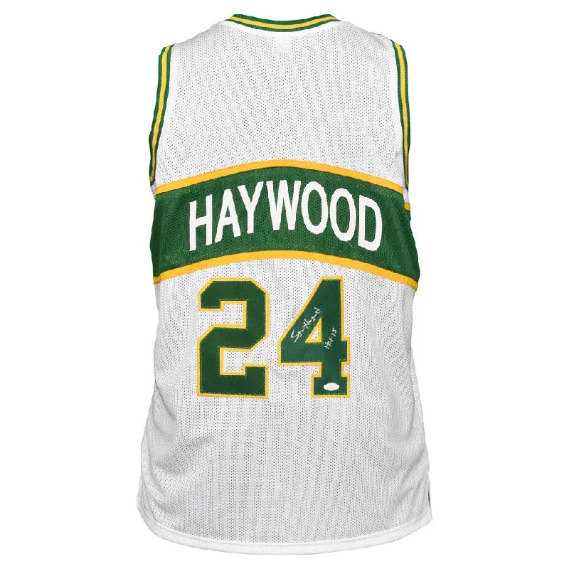 Custom Basketball Jersey-Spencer Haywood Signed HOF 15 Inscription Seattle White Basketball Jersey (JSA)