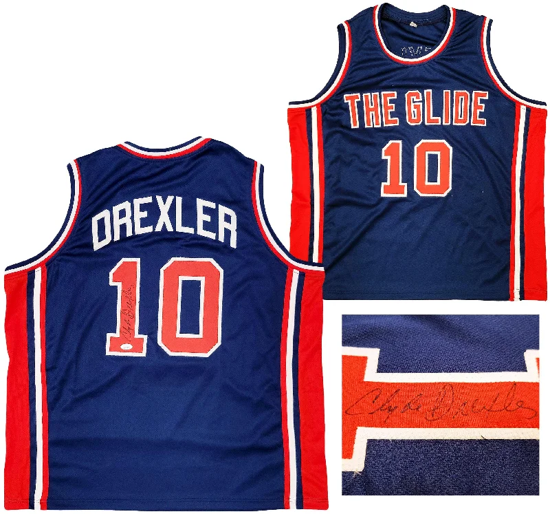 Customizable Basketball Jersey-Team USA Clyde Drexler Autographed Blue Jersey The Glide JSA Stock #202348