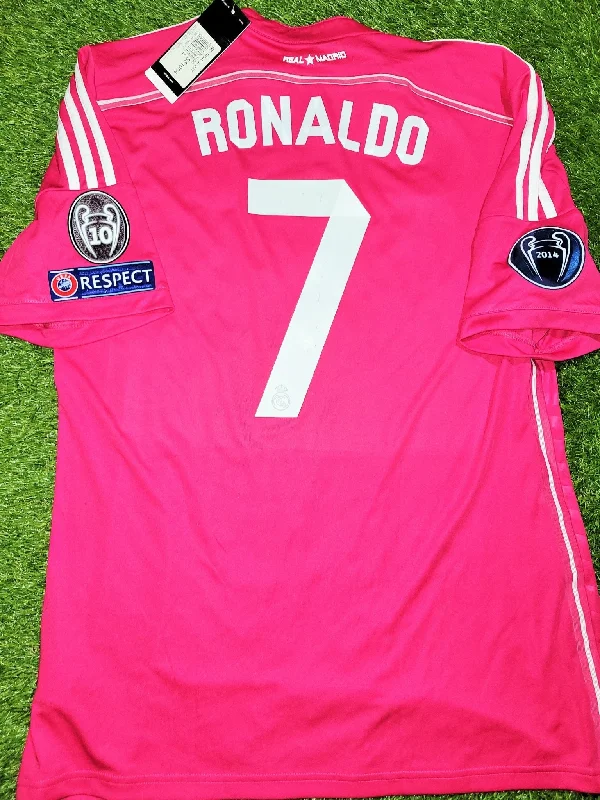 Custom Football Jersey for Special Occasions-Cristiano Ronaldo Real Madrid 2014 2015 UEFA Away Pink Jersey Shirt BNWT L SKU# M37315