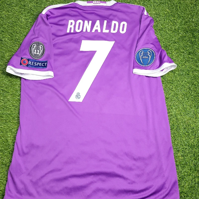 Football Jersey with Modern Design-Cristiano Ronaldo Real Madrid 2016 2017 UEFA FINAL Away Soccer Jersey Shirt L SKU# AI5158