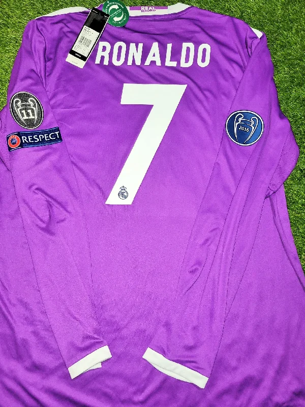 Cheap Football Jersey-Cristiano Ronaldo Real Madrid 2016 2017 UEFA FINAL Purple Away Soccer Long Sleeve Jersey Shirt BNWT XL SKU# AI5159