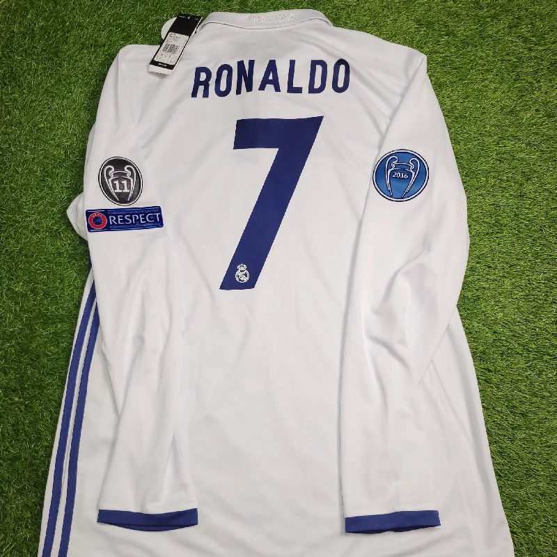 Football Jersey for Vintage Players-Cristiano Ronaldo Real Madrid 2016 2017 UEFA Home Long Sleeve Soccer Jersey Shirt BNWT L SKU# AI5184