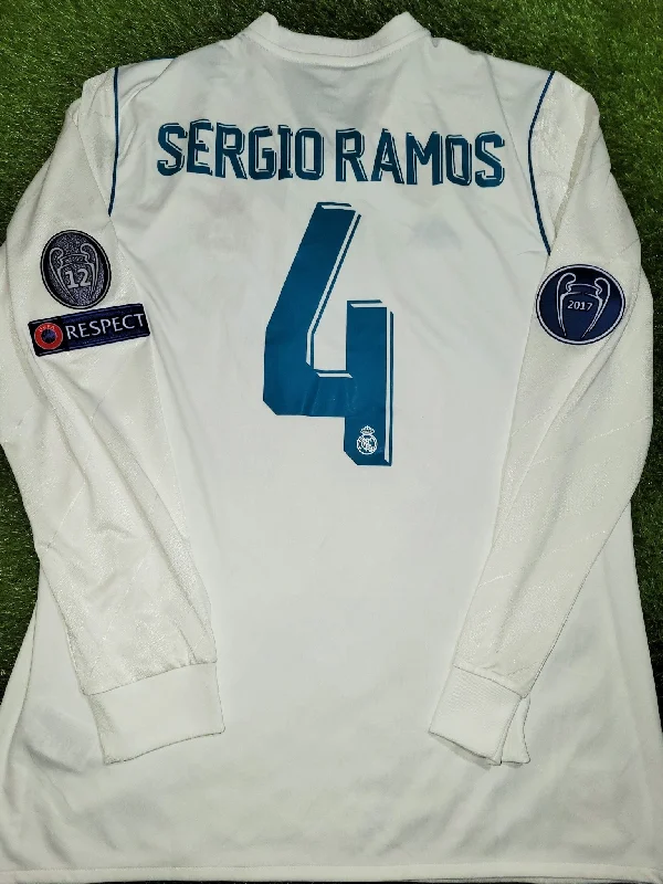 Football Jersey with Bold Stripes-Ramos Real Madrid 2017 2018 UEFA Long Sleeve Soccer Jersey Shirt L SKU# B31106