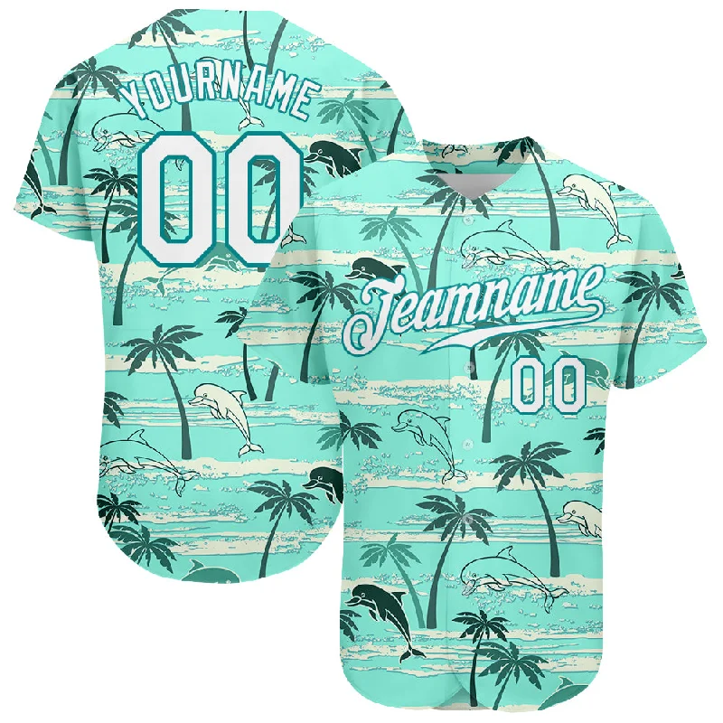 Baseball Jersey for Club Events-Custom Teal White-Teal 3D Pattern Design Hawaii Palm Trees Authentic Baseball Jersey