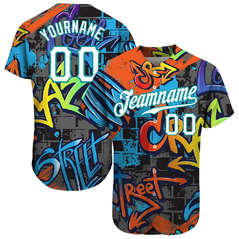 Wholesale Baseball Jersey-Custom Graffiti Geometric Pattern White-Teal 3D Authentic Baseball Jersey