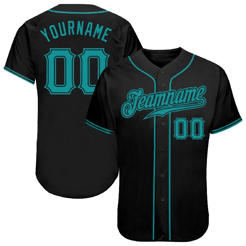 Custom Baseball Jersey with Mesh Panels-Custom Black Teal Authentic Baseball Jersey