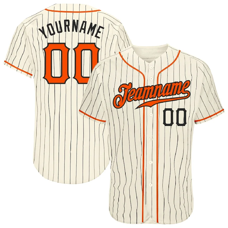 Baseball Jersey with Embellished Logos-Custom Cream Black Pinstripe Orange-Black Authentic Baseball Jersey