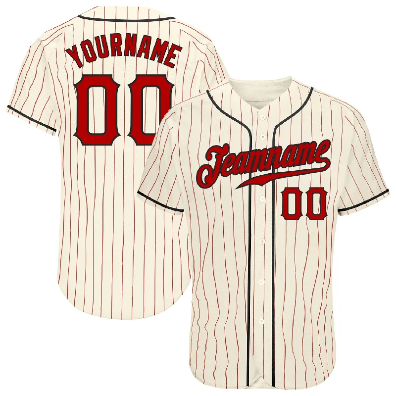 Baseball Jersey with Long Sleeves-Custom Cream Red Pinstripe Red-Black Authentic Baseball Jersey