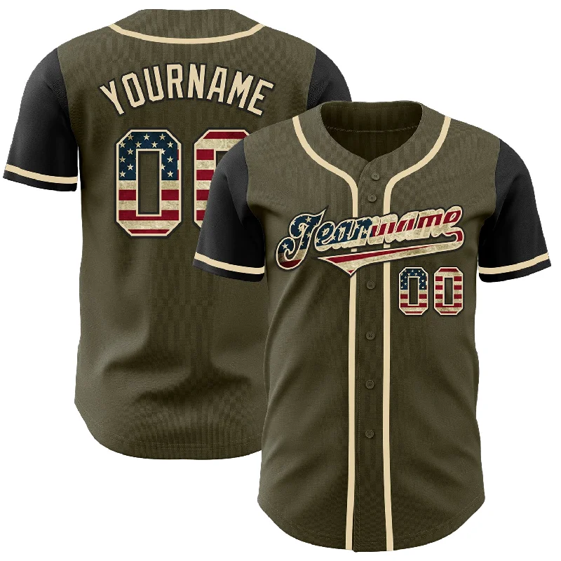 Baseball Jersey for Sports Teams-Custom Olive Vintage USA Flag-Black Authentic Two Tone Salute To Service Baseball Jersey