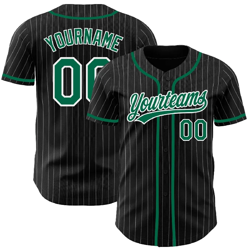 Baseball Jersey for Amateur Teams-Custom Black White Pinstripe Kelly Green Authentic Baseball Jersey