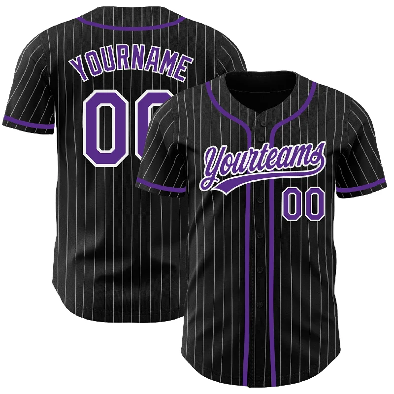 Baseball Jersey for Spring Games-Custom Black White Pinstripe Purple Authentic Baseball Jersey