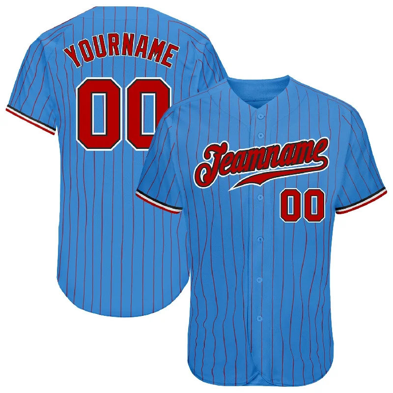 Baseball Jersey with Soft Touch Fabric-Custom Powder Blue Red Pinstripe Red-Black Authentic Baseball Jersey