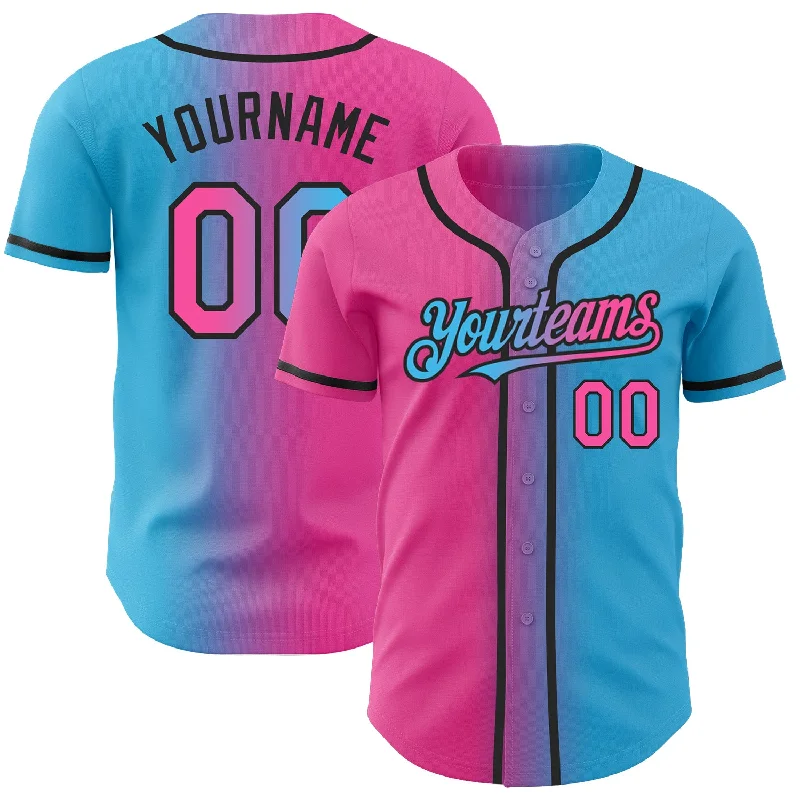 Custom Sky Blue Pink-Black Authentic Gradient Fashion Baseball Jersey