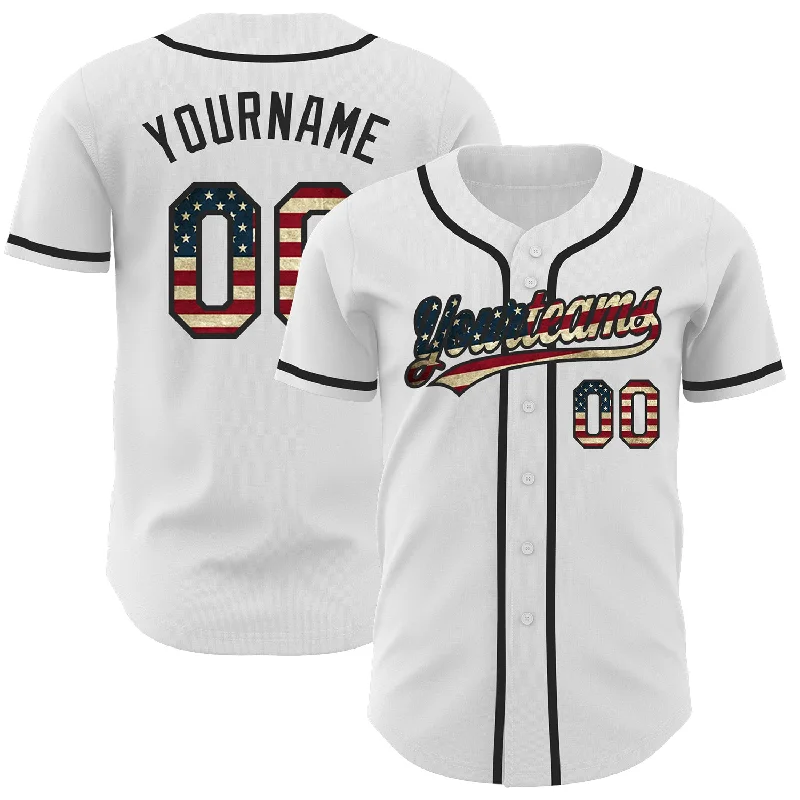 Baseball Jersey with Sporty Look-Custom White Vintage USA Flag-Black Authentic Baseball Jersey