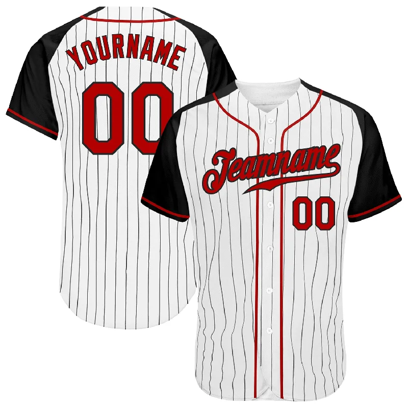 Baseball Jersey for Local Teams-Custom White Black Pinstripe Red-Black Authentic Raglan Sleeves Baseball Jersey