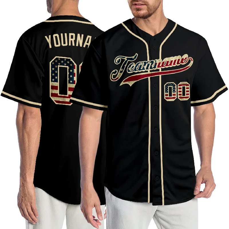 Baseball Jersey for Sale-Custom Black Vintage USA Flag-Cream Authentic Baseball Jersey