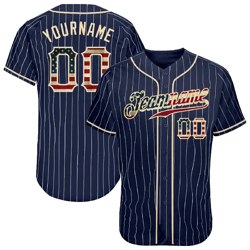 Baseball Jersey for Fall Games-Custom Navy White Pinstripe Vintage USA Flag-Cream Authentic Baseball Jersey