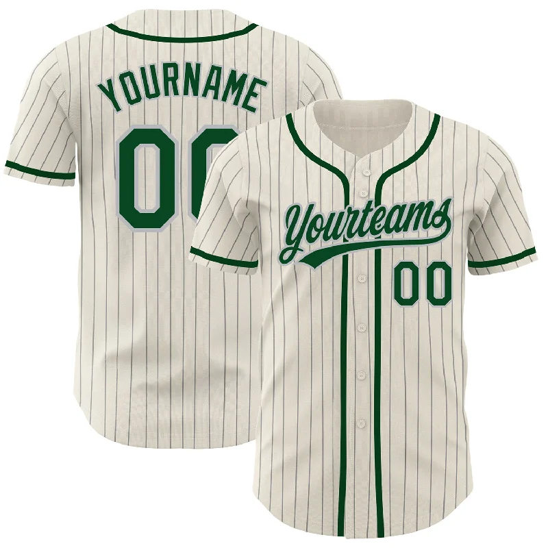 Baseball Jersey for Special Events-Custom Cream Gray Pinstripe Green Authentic Baseball Jersey