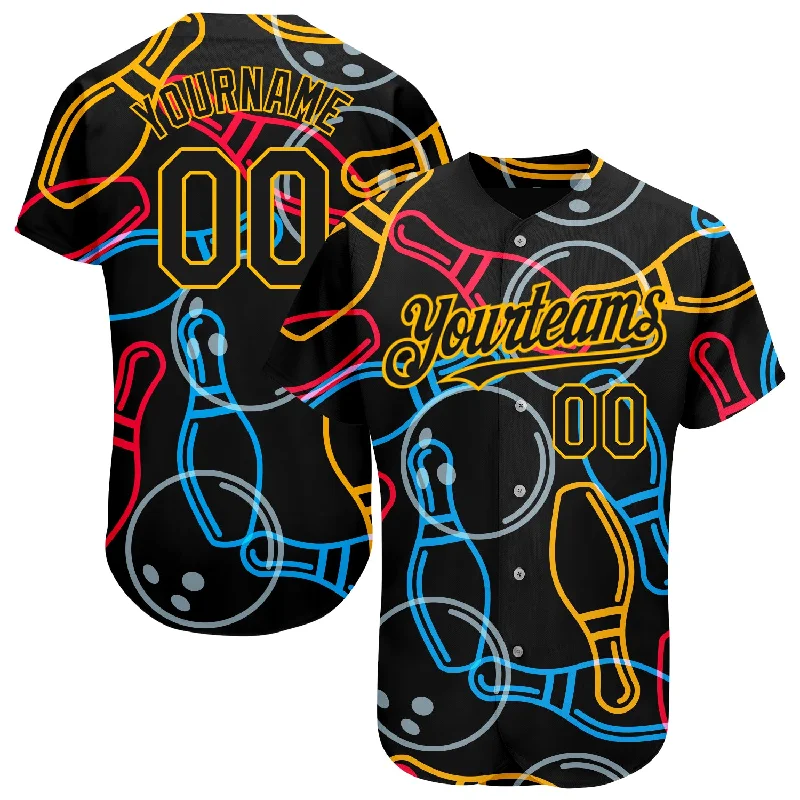 Baseball Jersey with Signature Design-Custom Black Gold 3D Pattern Design Bowling Authentic Baseball Jersey