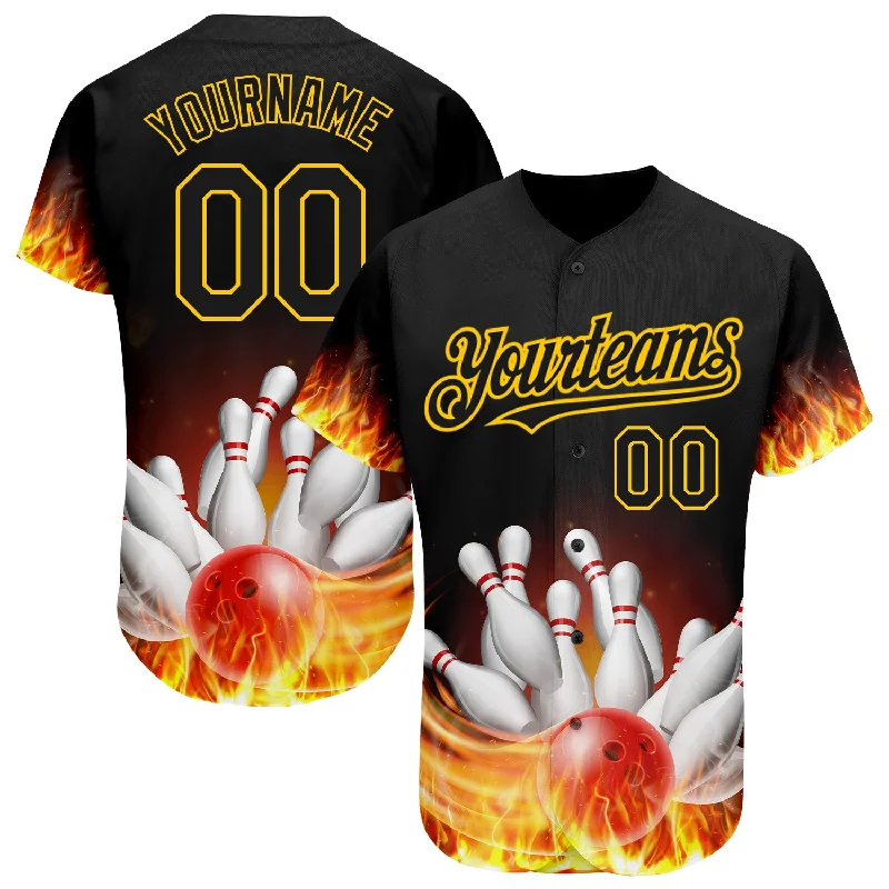 Baseball Jersey with Bold Design-Custom Black Gold 3D Pattern Design Flame Bowling Authentic Baseball Jersey