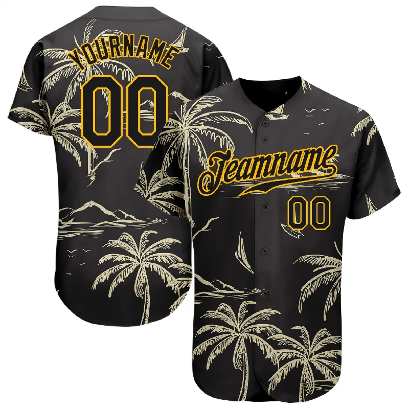 Personalized Baseball Jersey for Men-Custom Black Gold 3D Pattern Design Hawaii Palm Trees Island And Sailboat Authentic Baseball Jersey