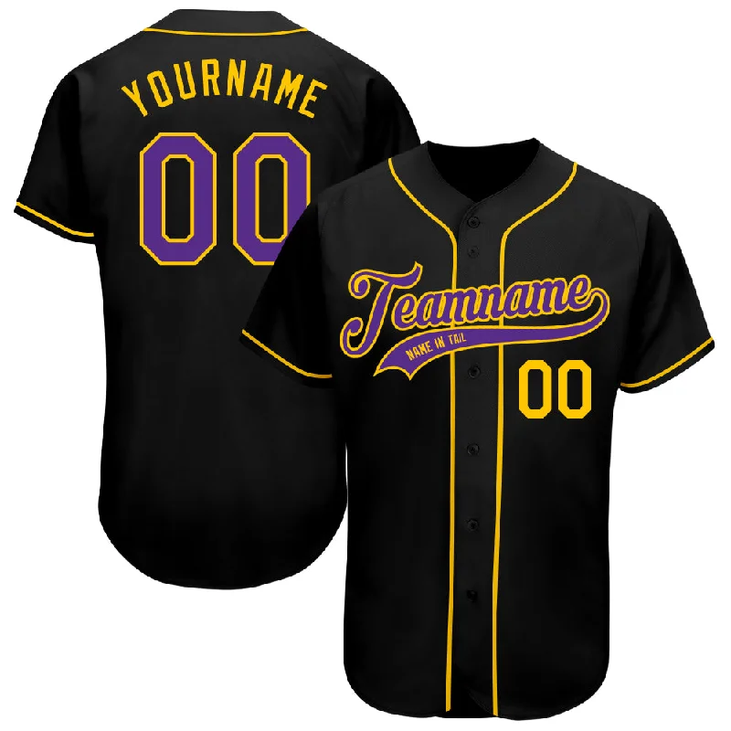 Baseball Jersey with Ribbed Collar-Custom Black Purple-Gold Authentic Baseball Jersey