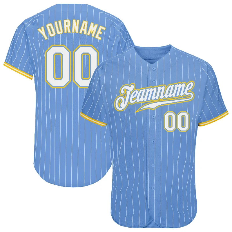 Custom Baseball Jersey with Patches-Custom Light Blue White Pinstripe White-Gold Authentic Baseball Jersey