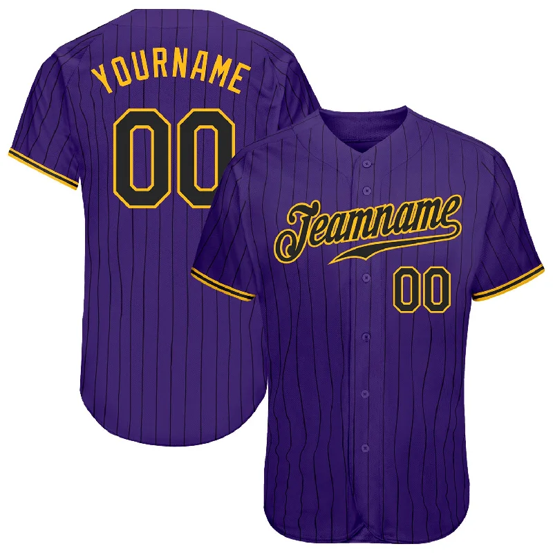 Unique Baseball Jersey-Custom Purple Black Pinstripe Black-Gold Authentic Baseball Jersey