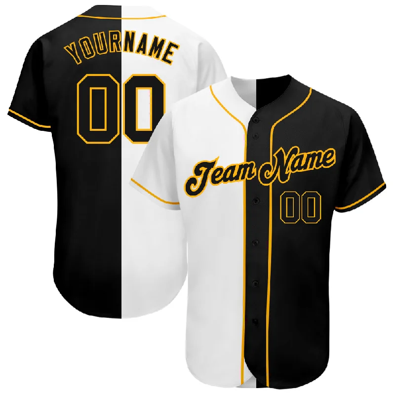 Baseball Jersey with Sporty Look-Custom White-Black Gold Authentic Split Fashion Baseball Jersey