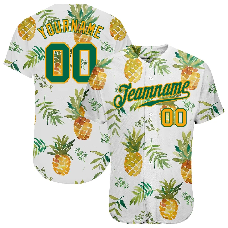 Baseball Jersey for League Championship-Custom White Kelly Green-Gold 3D Pattern Design Hawaii Pineapples Authentic Baseball Jersey