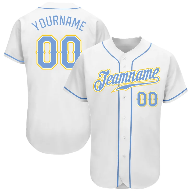 Baseball Jersey with Seasonal Design-Custom White Light Blue-Gold Authentic Baseball Jersey