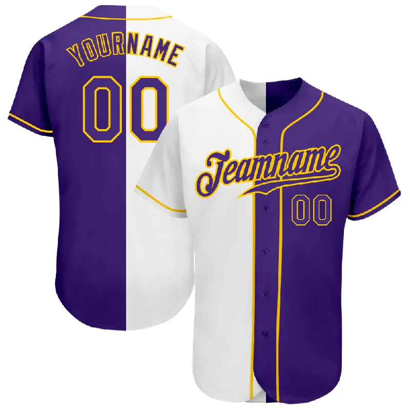 Custom Baseball Jersey with Logo Design-Custom White Purple-Gold Authentic Split Fashion Baseball Jersey