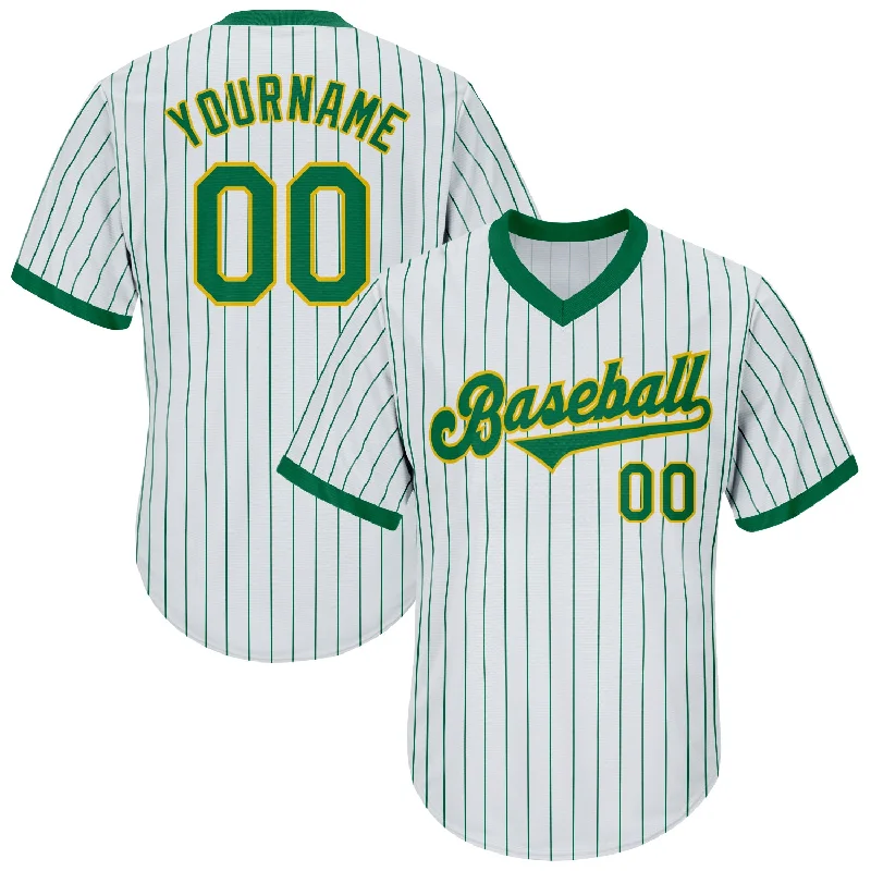 MLB Baseball Jersey-Custom White Kelly Green Pinstripe Kelly Green-Gold Authentic Throwback Rib-Knit Baseball Jersey Shirt