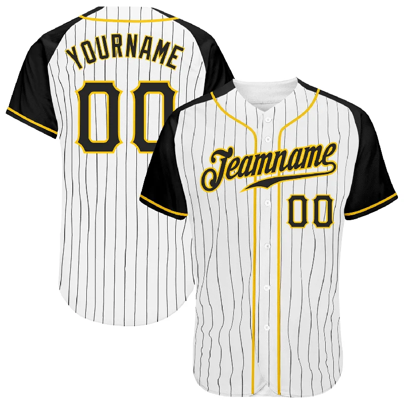 Baseball Jersey for Home Team-Custom White Black Pinstripe Black-Gold Authentic Raglan Sleeves Baseball Jersey