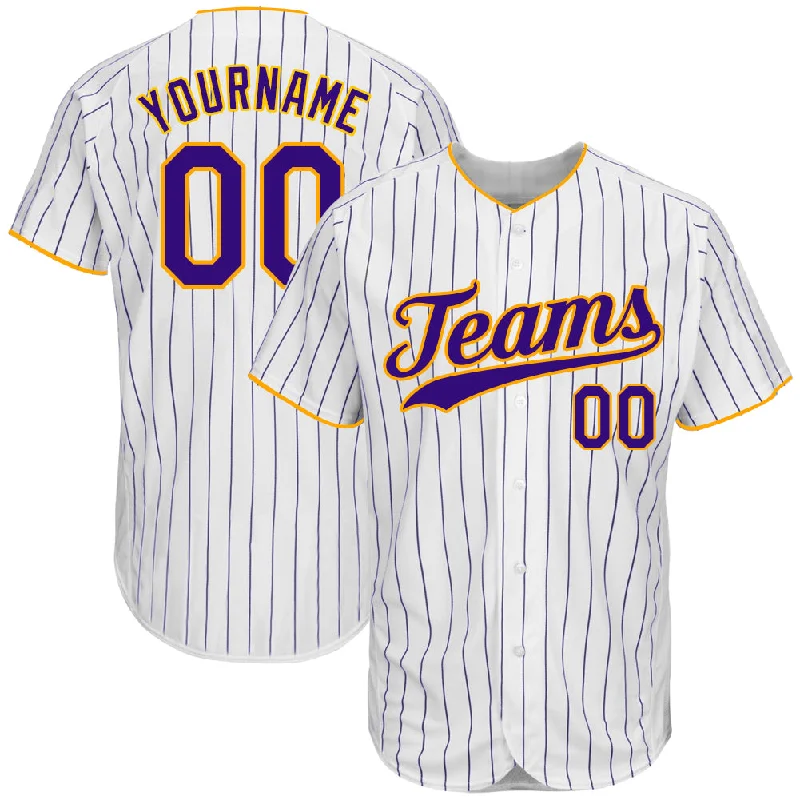 Baseball Jersey for Young Fans-Custom White Purple Pinstripe Purple-Gold Authentic Baseball Jersey