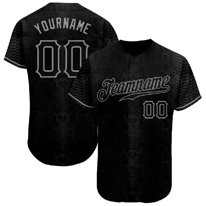 Vintage Baseball Jersey-Custom Black Snakeskin Black-Gray 3D Pattern Design Authentic Baseball Jersey