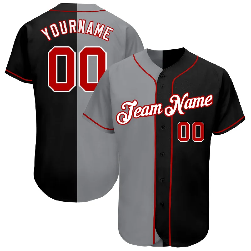 Baseball Jersey with Contrast Sleeves-Custom Black Red-Gray Authentic Split Fashion Baseball Jersey