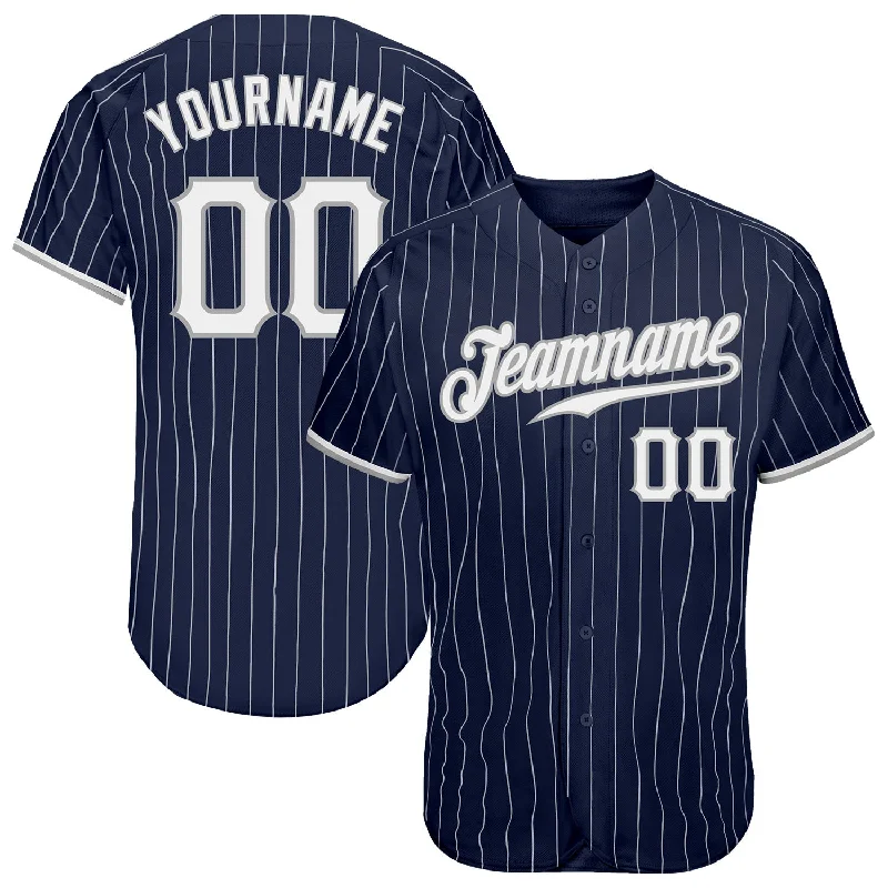 Baseball Jersey for Fall Games-Custom Navy White Pinstripe White-Gray Authentic Baseball Jersey