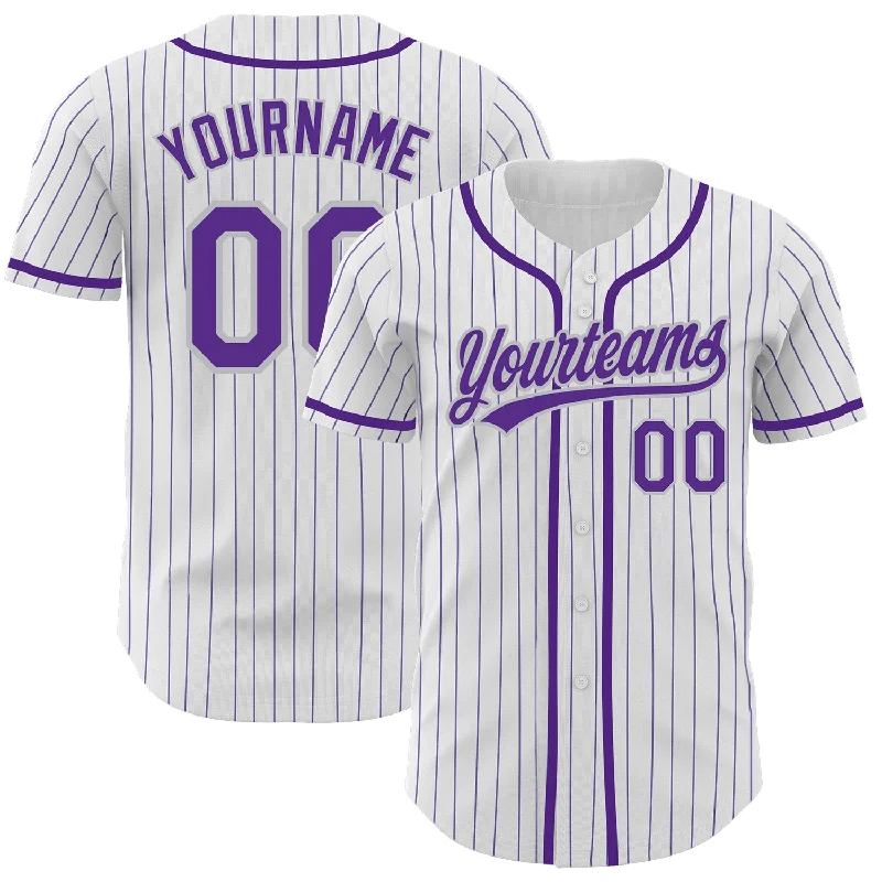 Custom Baseball Jersey for Fans-Custom White Purple Pinstripe Purple-Gray Authentic Baseball Jersey