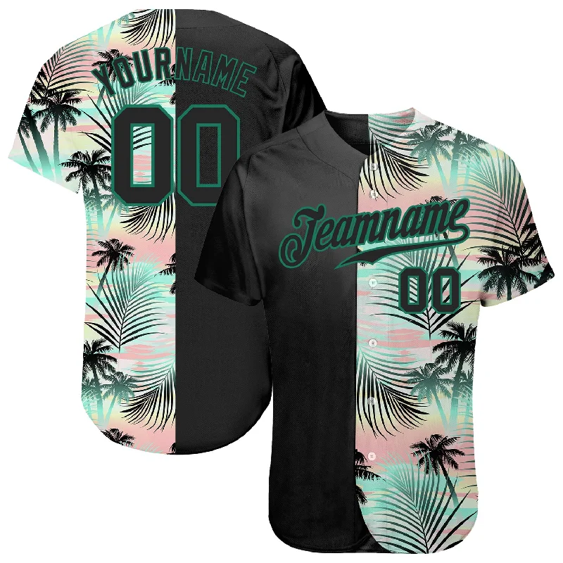 Baseball Jersey for College Players-Custom Black Black-Kelly Green 3D Pattern Design Tropical Palm Leaves Authentic Baseball Jersey