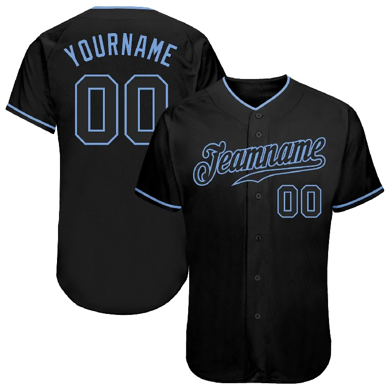 Baseball Jersey with V Neck-Custom Black Black-Light Blue Authentic Baseball Jersey