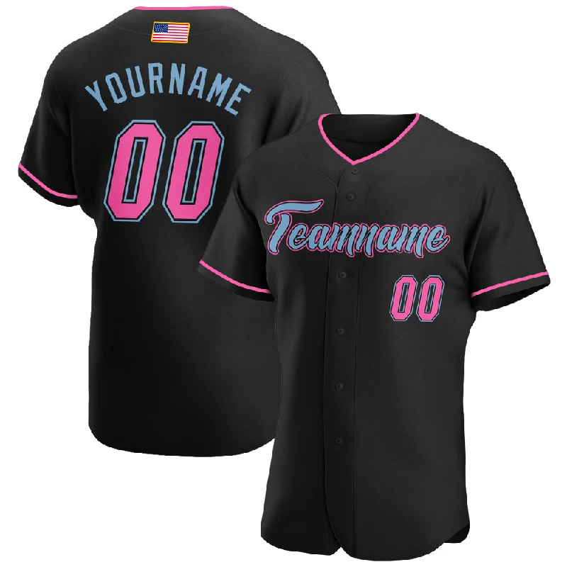 Baseball Jersey with Dynamic Fit-Custom Black Pink-Light Blue Authentic American Flag Fashion Baseball Jersey