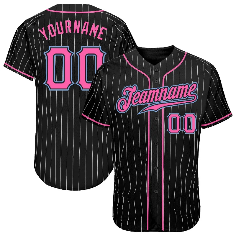 Baseball Jersey for Baseball Clubs-Custom Black White Pinstripe Pink-Light Blue Authentic Baseball Jersey