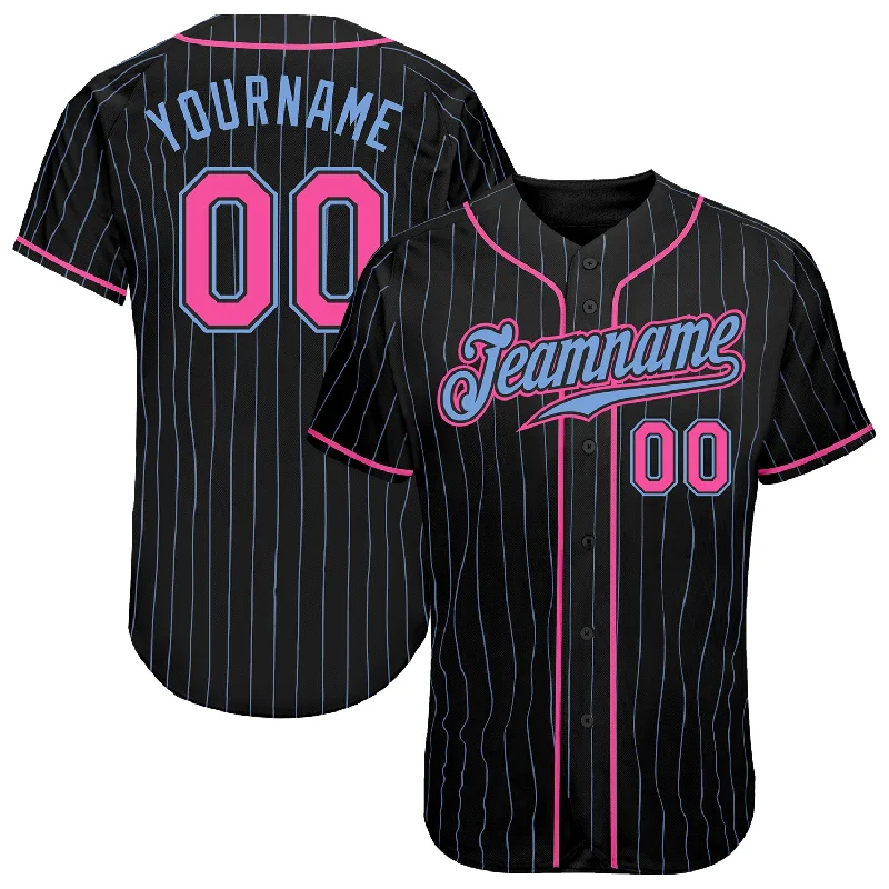 Baseball Jersey with Team Apparel-Custom Black Light Blue Pinstripe Pink-Light Blue Authentic Baseball Jersey