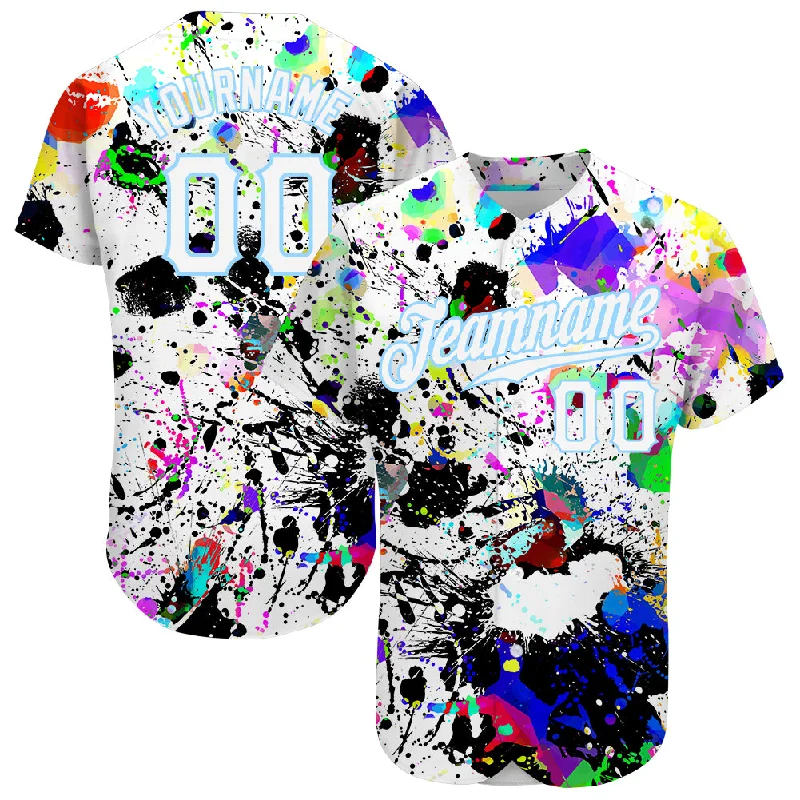 Best Baseball Jersey-Custom Splashes Graffiti Pattern White-Light Blue 3D Authentic Baseball Jersey