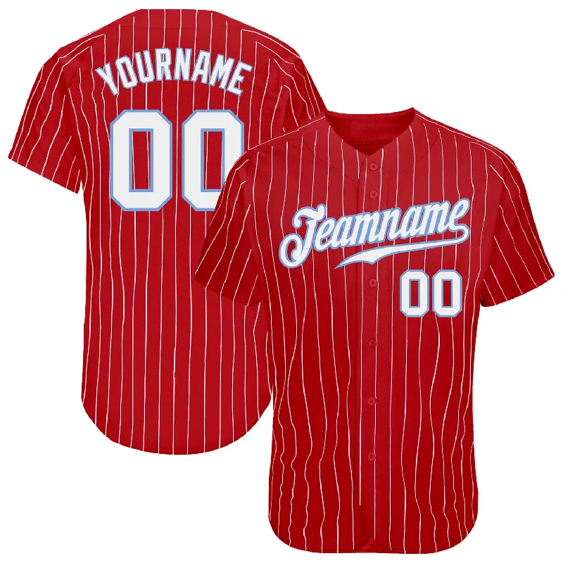 Baseball Jersey with Embroidery Options-Custom Red White Pinstripe White-Light Blue Authentic Baseball Jersey