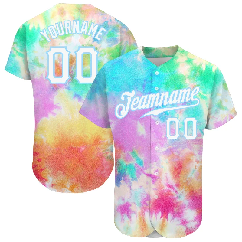 Baseball Jersey for League Players-Custom Tie Dye White-Light Blue 3D Rainbow Authentic Baseball Jersey