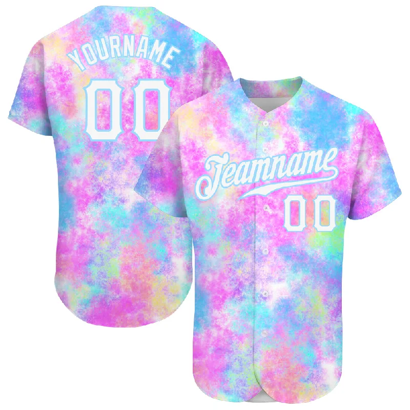 Baseball Jersey with Team Logo-Custom Tie Dye White-Light Blue 3D Watercolor Gradient Authentic Baseball Jersey